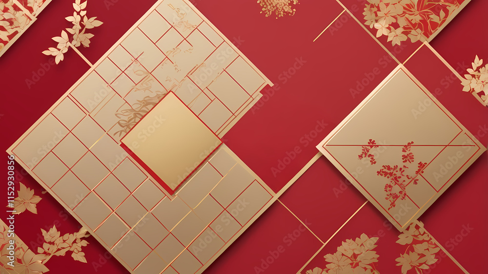 Poster red and gold geometric pattern: a festive and elegant design with a modern twist, featuring a red ba