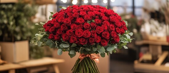 Elegant bouquet of fresh red roses with greenery displayed in a floral shop setting creating a luxurious ambiance.
