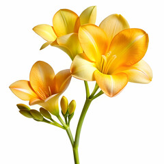 Fototapeta premium A freesia flower isolated on a transparent background, showcasing its elegant petals in vibrant shades of yellow, pink, or purple.