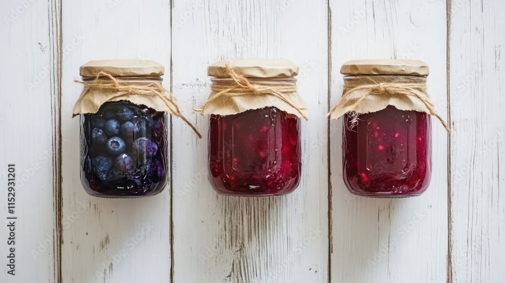 Poster fresh blueberry and raspberry smoothies in mason jars on rustic white wooden background top view hea