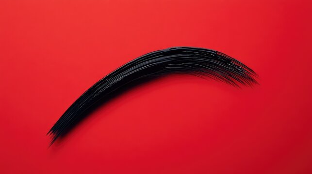 Black mascara brush stroke on vibrant red background showcasing beauty and makeup artistry.