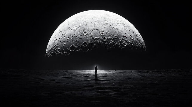 Detachment emotional concept. A lone figure stands beneath a large moon in a dark, atmospheric landscape.