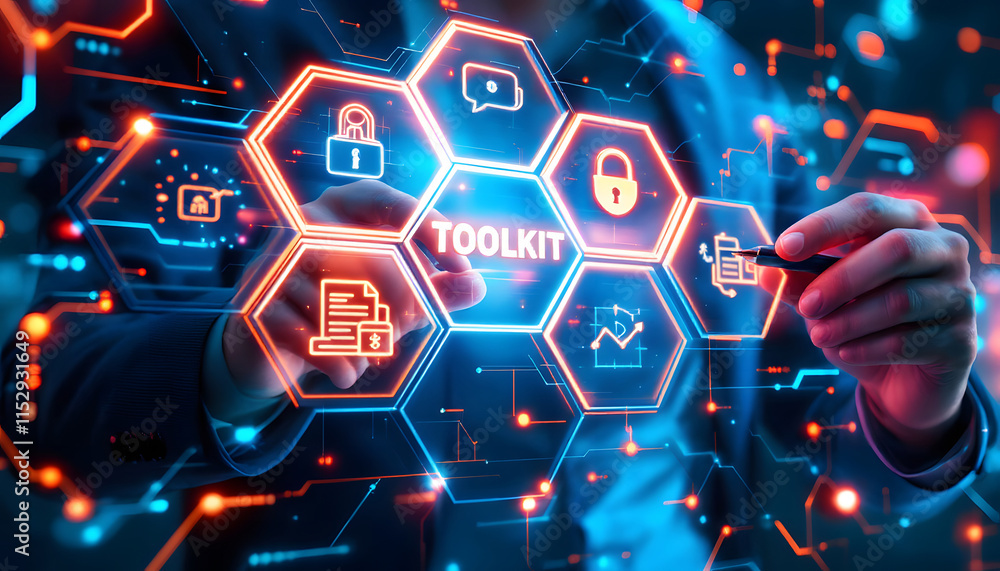 Poster digital toolkit technology concept, cybersecurity tools and resources, business technology solutions