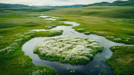 Aerial view of lush meadows and flower island in a tranquil flooded valley featuring a winding river stream in springtime greenery