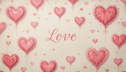 Background in retro wallpaper style with pink hearts of different sizes and the word Love in the center