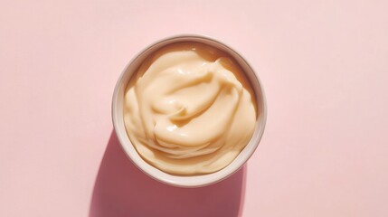 Creamy mayonnaise sauce in a bowl on a soft pink background showcasing texture and color contrast.