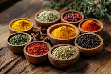 Vibrant spice assortment display rustic kitchen high-resolution image natural wood background close-up view culinary concept for flavor exploration