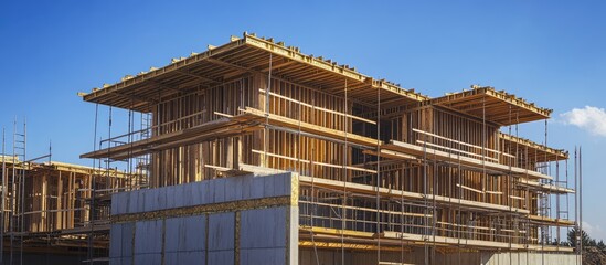 Innovative wooden formwork structure illustrating advanced construction techniques against a clear blue sky