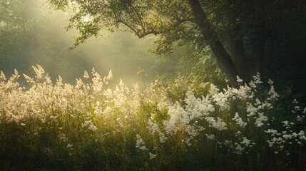 Fototapeta premium Meadowsweet floral landscape in sunlight showcasing Filipendula ulmaria with serene natural beauty and historical significance in medicine