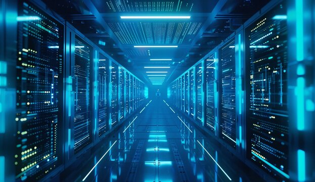 High tech futuristic digital data center background with glowing light