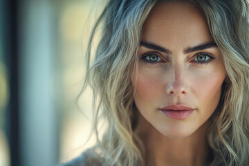 Fototapeta premium Woman with wavy hair and intense gaze in natural light setting