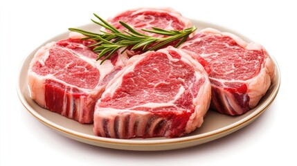Freshly cut meat chops arranged on a plate garnished with rosemary for a delicious culinary presentation