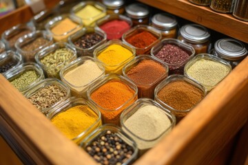 Naklejka premium Exploring the aromatic world of spices a detailed look at a vibrant spice drawer filled with varieties kitchen photography warm colors perspective culinary concept
