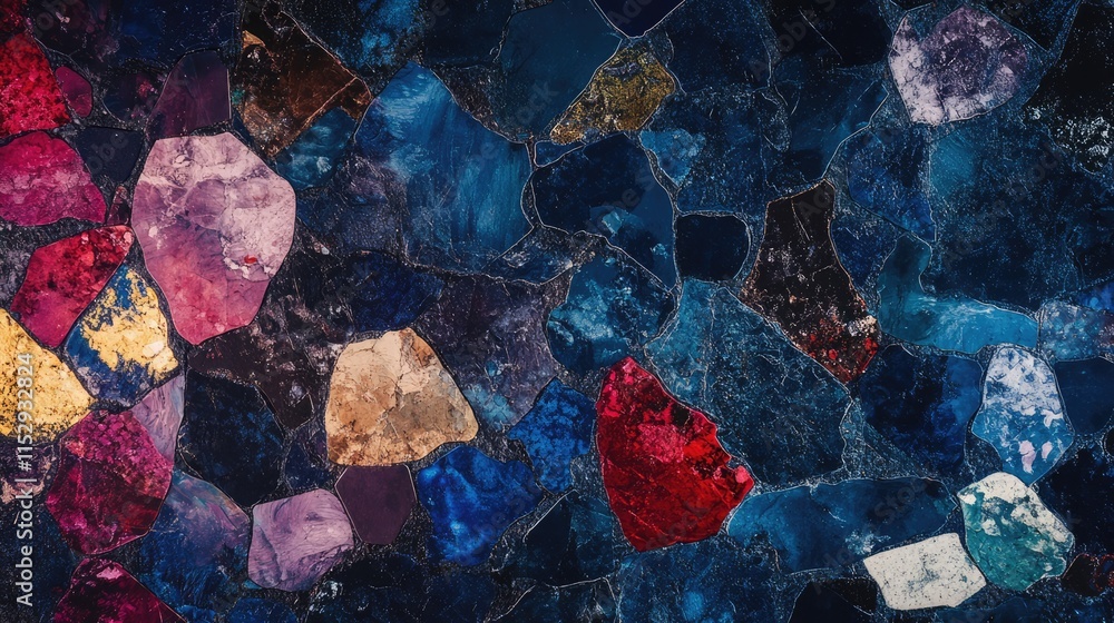 Poster colorful abstract mosaic design with vibrant gemstones and textured surfaces creating a visually str
