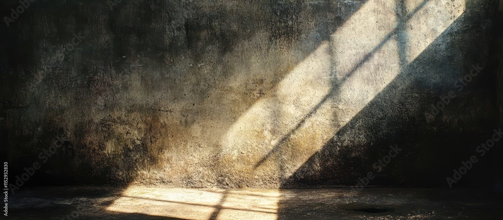 Poster morning sunlight casting intricate patterns on a textured cement wall through a shadowy window highl