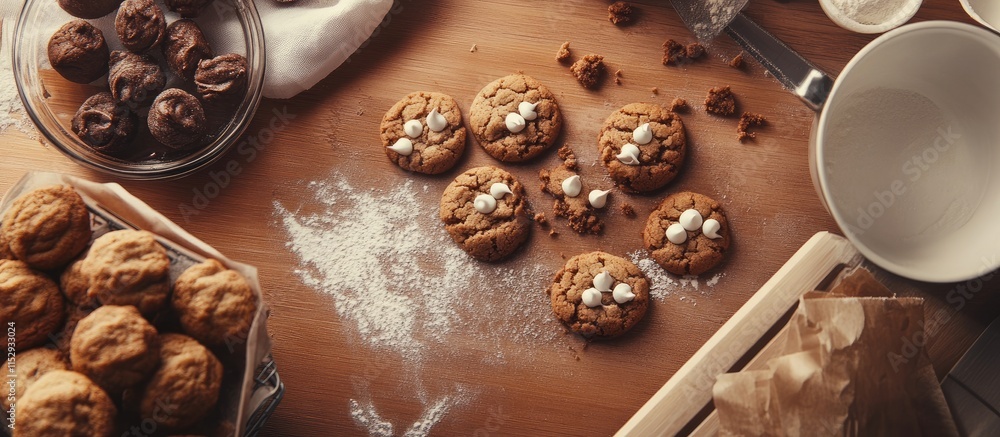 Aufkleber baking delicious homemade cookies on a rustic wooden table surrounded by baking ingredients and trea