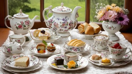 Elegant tea party scene with pastries, teacups, and teapot near window.