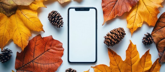 Autumn themed flat lay featuring a smartphone with blank screen surrounded by colorful leaves and pinecones for seasonal design concepts