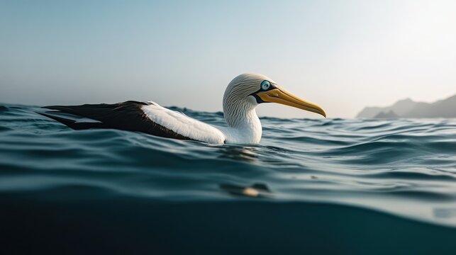 Masked booby gracefully swimming in tranquil sea waters with sunlit horizons near Mirbat showcasing marine wildlife beauty