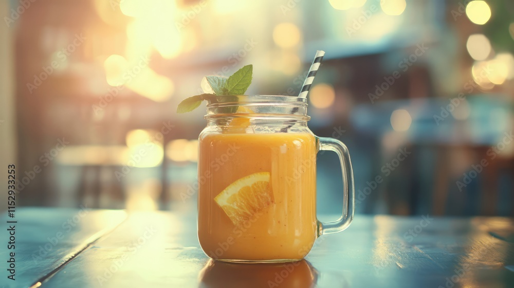 Poster refreshing mango smoothie in a mason jar garnished with mint and orange slice on a sunlit table sett