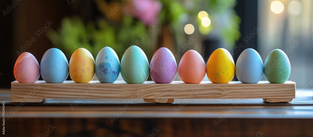 Poster multicolored easter eggs arranged on a wooden display shelf with a soft bokeh background showcasing 
