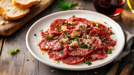 Meat carpaccio elegantly plated with fresh herbs, accompanied by bread and a glass of red wine on a rustic wooden table.