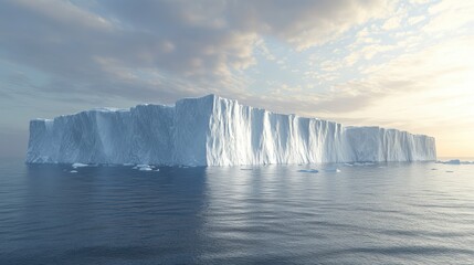 Majestic iceberg glistening in tranquil ocean waters under soft daylight with a serene sky backdrop