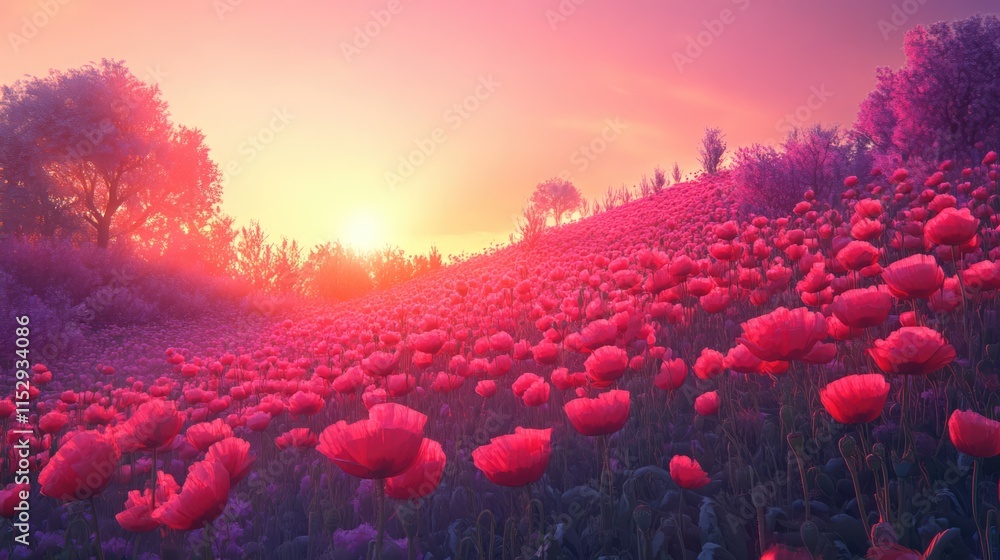 Poster vibrant meadow of blooming poppies at sunset with soft light and colorful sky creating a serene and 