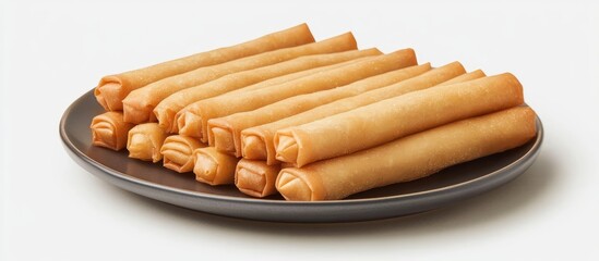 Classic lumpia spring rolls beautifully arranged on a dark plate against a clean white backdrop for appetizing food imagery.