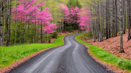 Fototapeta premium Winding road through blooming spring trees