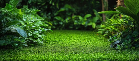 Obraz premium Vibrant green lawn surrounded by lush foliage creating an inviting outdoor space for home decor and landscaping inspiration