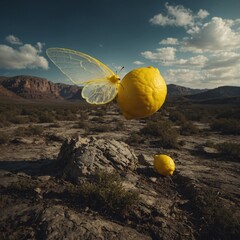 A surreal scene of a lemon with wings flying through an otherworldly landscape.