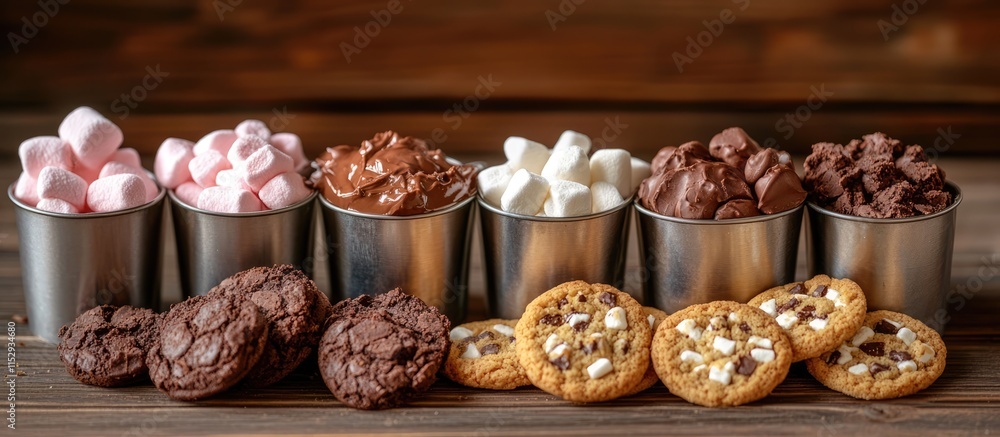 Aufkleber cacao and marshmallows in metal cups with assorted cookies on a rustic wooden background ideal for c