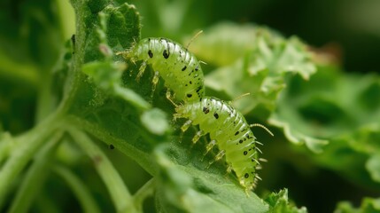 Close-up of May beetle larvae on green foliage displaying potential crop pest behavior in a natural compost environment.