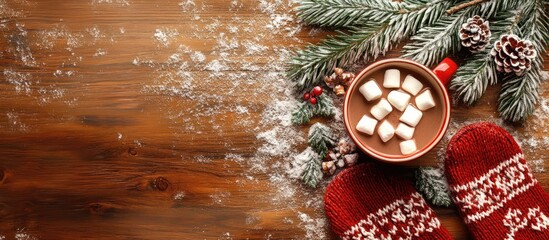 Rustic Christmas card design with mittens hot chocolate marshmallows and snow-dusted fir branches on a wooden background for festive greetings