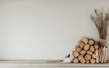 Gordijnen Warm and inviting interior area featuring stacked firewood and minimalist decor © JuanM