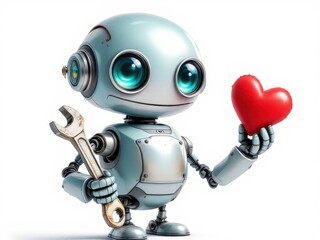Robot holding a heart, technology and love theme. Use for tech or romance related designs.