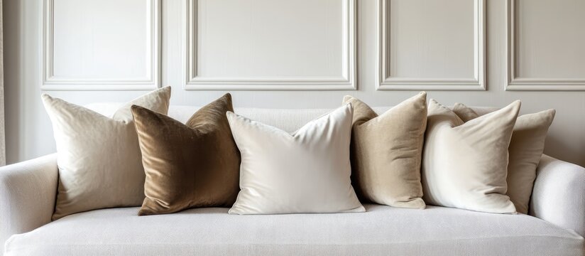 Elegant arrangement of luxurious beige suede decorative pillows on a classic sofa enhancing upscale interior design aesthetics