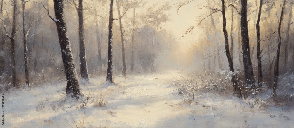 Poster serene winter woodland scene with mist and snow creating a tranquil and ethereal atmosphere in a qui