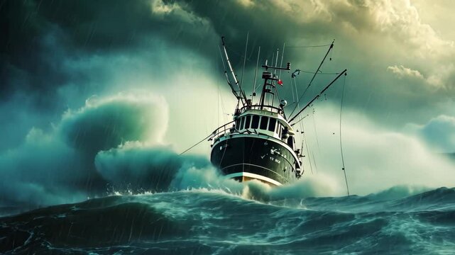 A boat forcefully navigates through rough waves and pouring rain in the midst of a violent storm at sea, An intense storm battering a stoic fishing ship on a raging sea