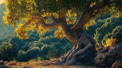 Obraz premium Majestic mastic tree overlooking lush green landscape at sunrise with golden light filtering through vibrant leaves.