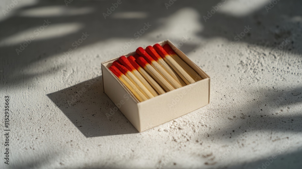 Poster box of matches arranged neatly on a white surface with soft natural lighting creating subtle shadows