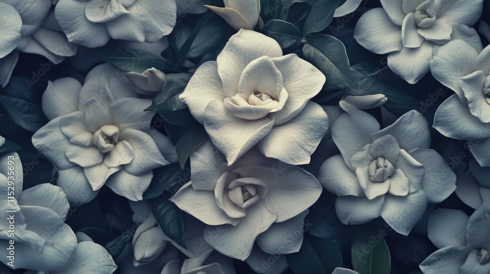 Poster close up of gardenia flowers with lush green leaves creating a serene and elegant nature background 