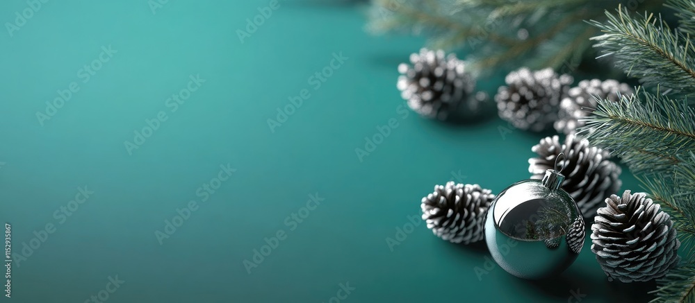 Poster minimalistic holiday scene with tree branches and pine cones on a smooth emerald backdrop creating a