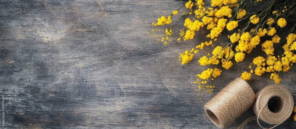 Poster mimosa flowers and twine on a rustic wooden table with blank space for text in a natural and calming