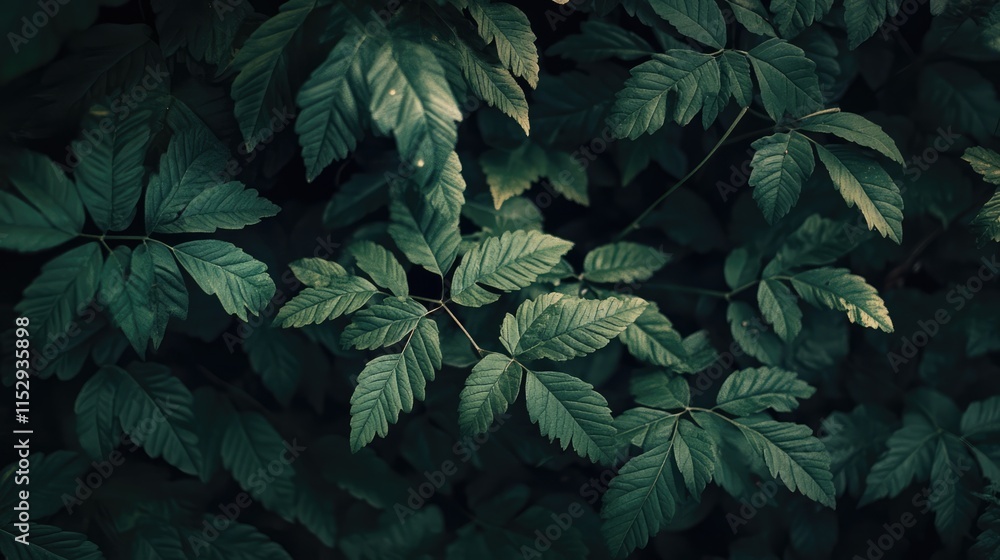 Poster lush green leaves texture in natural light creating a serene and calming background for design proje