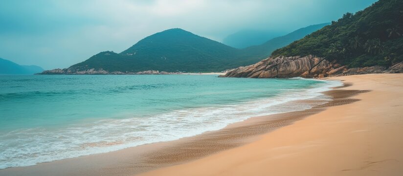 Mawun Beach serene landscape featuring tranquil waters and gentle waves set against lush mountains and soft sandy shores
