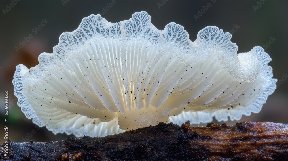 Poster delicate mycena tintinnabulum mushroom showcasing intricate gills and translucent shape on forest fl
