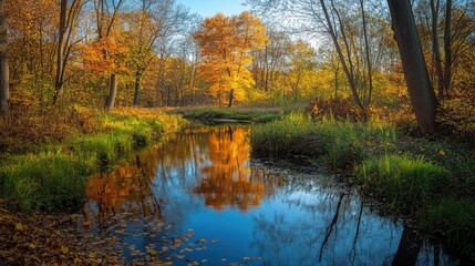 Obraz premium Autumn forest reflection in calm water showcasing vibrant foliage and serene natural beauty in a peaceful outdoor setting
