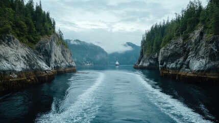 Scenic view of a tranquil canyon with waterway surrounded by lush greenery and mountains under a cloudy sky